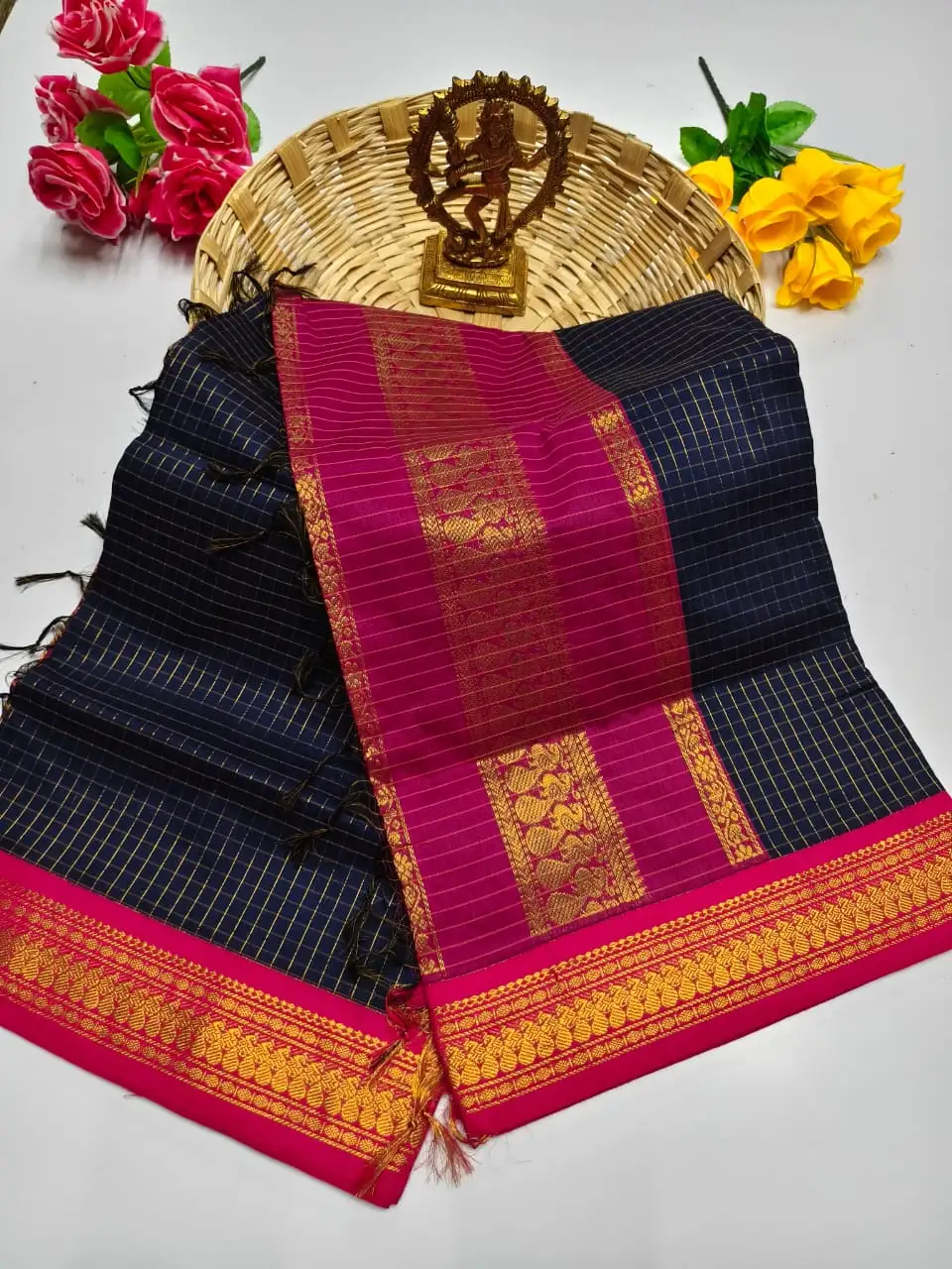 Navy Magenta Checked Butta Zari Cotton Saree
